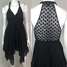 $168 Guess 0 XS Black Silk Embroidered Lace Handkerchief Pleated Flare Dress