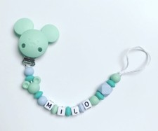 Catenella Ciuccio Fiocco Nuckelkette Con Nome Verde Menta Turchese Blu Topo