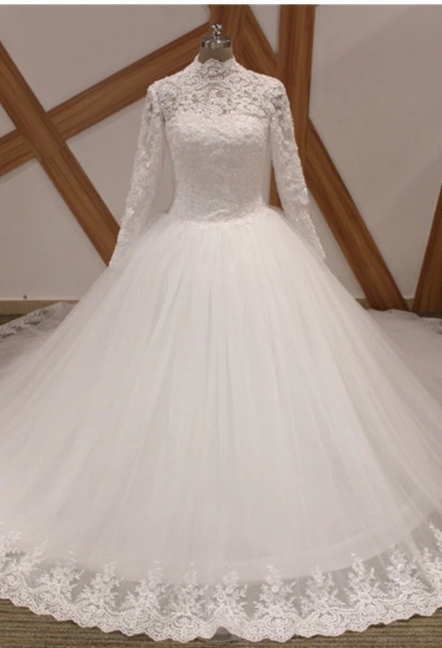 Choker Neck Long Sleeve Tulle Wedding Dresses for sale