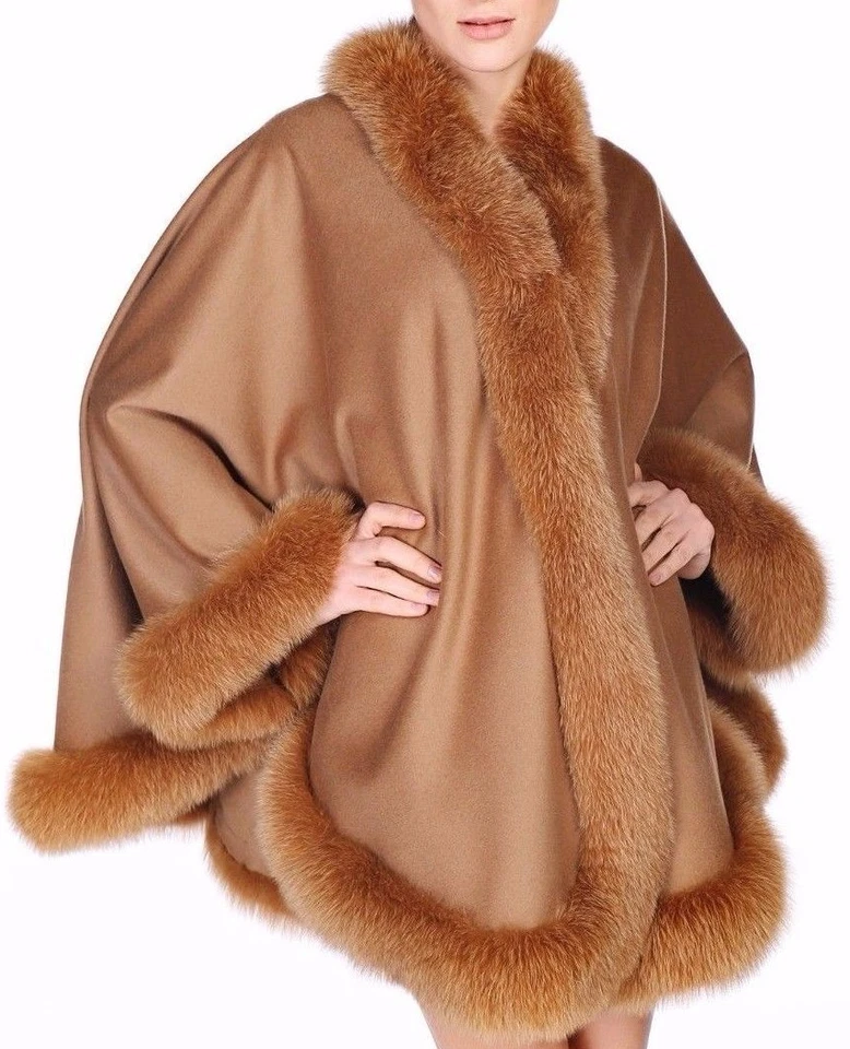 Camel Cashmere Cape Wrap Shawl with Fox Fur Trim - Image 4 of 4