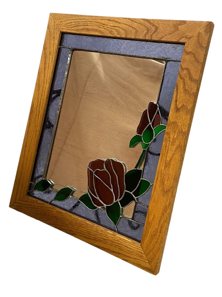 Hermoso Espejo de Vidrieras Hecho a Mano Rojo Rosa Verde Hojas Violeta Boarder Roble Foto 2 de 4