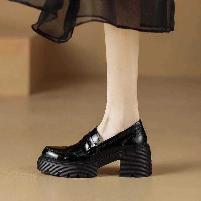 Women Leather Slip On Loafer Round Toe Platform Moccasin Shoes
