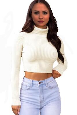 Damen Polokragen Strick Grobstrick Gerippt Langarm Pullover Pulli Crop Top