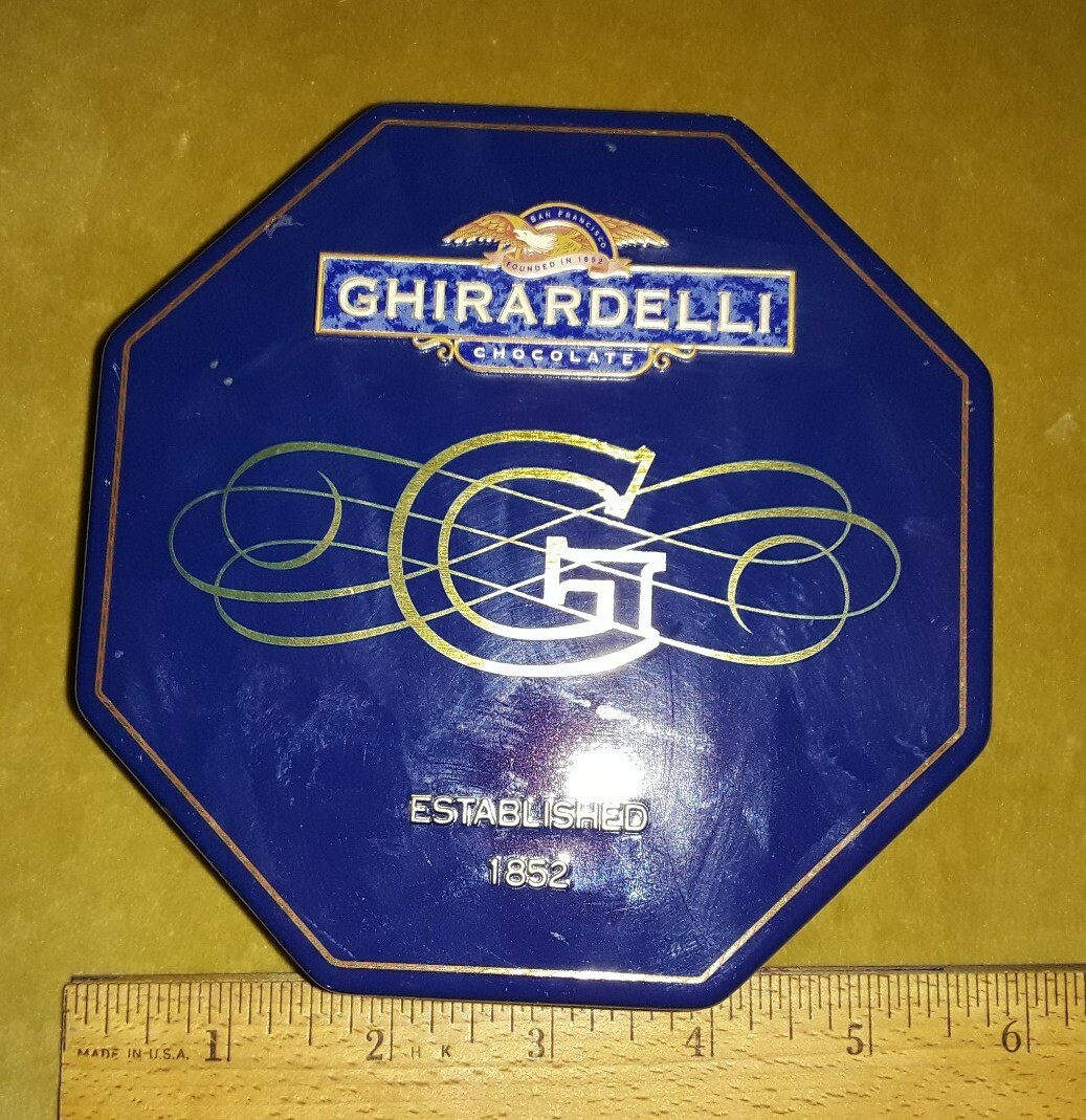 Ghiradelli Chocolate Tin, Octagonal, Navy/Gold, Approx. Approx 5" 