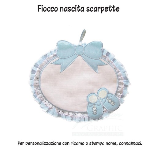 FIOCCO NASCITA SCARPETTE COCCARDA ROSA CELESTE TELA AIDA RICAMO REGALO AUGURI - Imagen 3 de 4