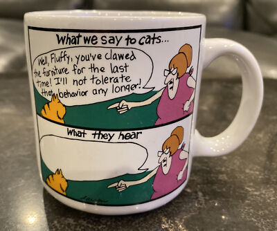 VTG THE FAR SIDE GARY LARSON MUG CUP (WHAT WE SAY TO CATS) FREE PRIORITY SHIP 