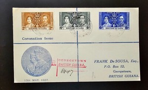BRITISH GUIANA COVER 1937 KGVI Coronation Set FDC FOREIGN SECTION CACHET R#8447