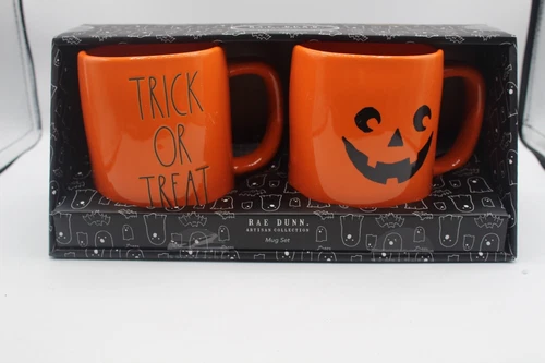 Rae Dunn "Trick-or-Treat"/Jack O' Lantern Set of 2 Orange Coffee/Tea Mugs NEW