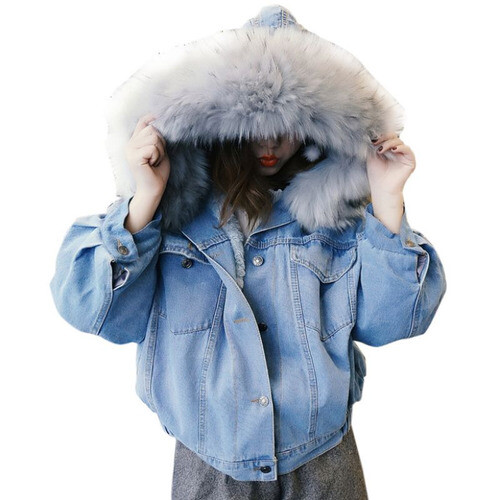 2020 Neu Winter Dicke Jeansjacke Kunstfellkragen Damen Fleece Kapuze Damen