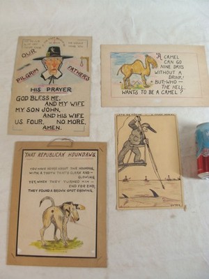 4 Antique Ralph Geyer Cartoon Illustration W/C Drawings 1