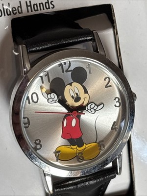 Disney Mickey Mouse Watch In Tin Moving Moulded Hands Black Faux Leather Strap