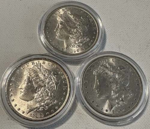 US Silver Coins, Morgan Silver Dollar Lot Of 3, 1885, 1899, 1902, VG Condition!