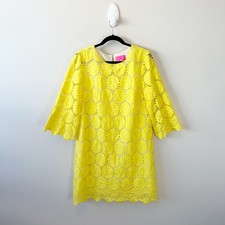 Lilly Pulitzer Mariella Floral Scallop Eyelet Shift Dress 3/4 Sleeve Lemon Sz 10