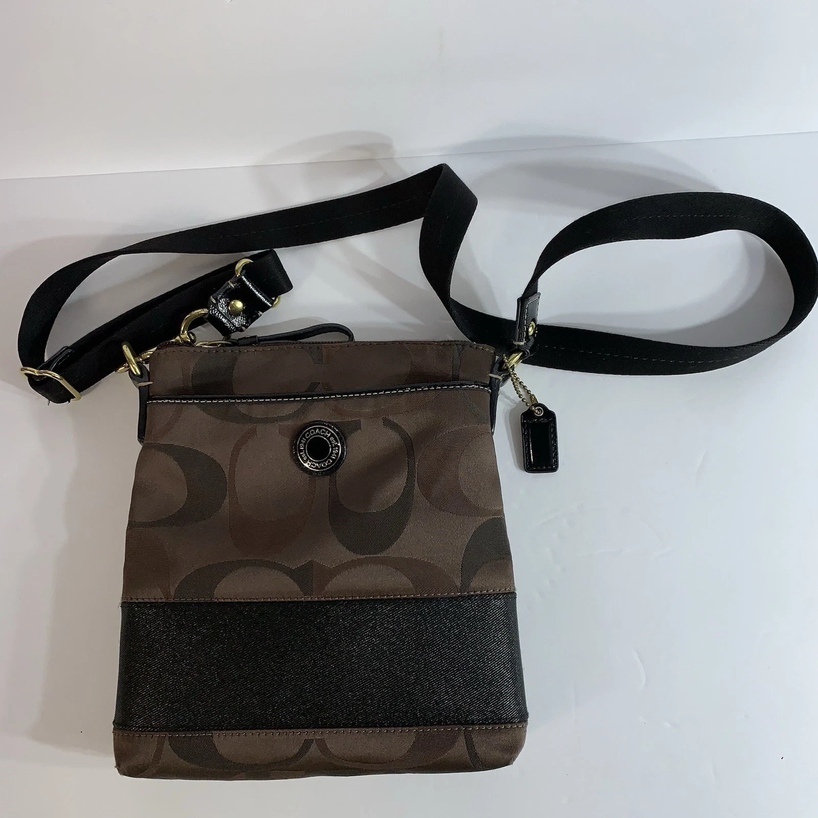 ✨BORSA A TRACOLLA COACH KITT DONNA COLORBLOCK MARRONE E NERA CON FERRAMENTA ORO LEGGI