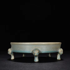 7.5" China Old Retro Porcelain Song Ru Kiln Sky Cyan Glaze Beast Head Brush Wash