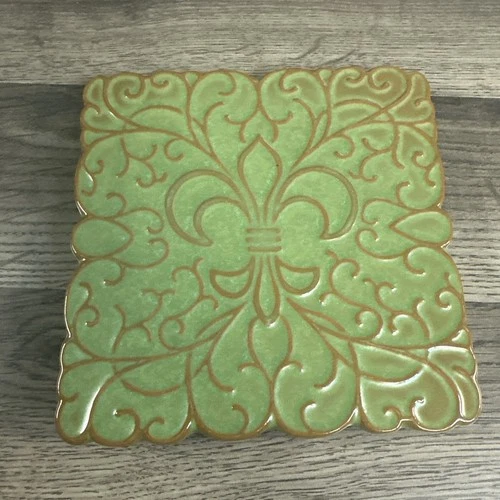 Vintage Frankoma 3TR Pottery Square Fleur-de-lis Scroll Tile Trivet