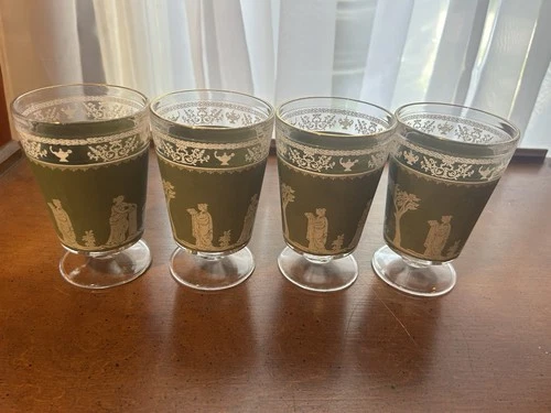4 Jeanette HELLENIC Green Footed Old Fashion Glasses Grecian Wedgewood Cups