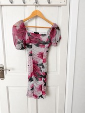 new look womens floral bodycon dress uk 8 pink mesh puff sleeve midi party dress
