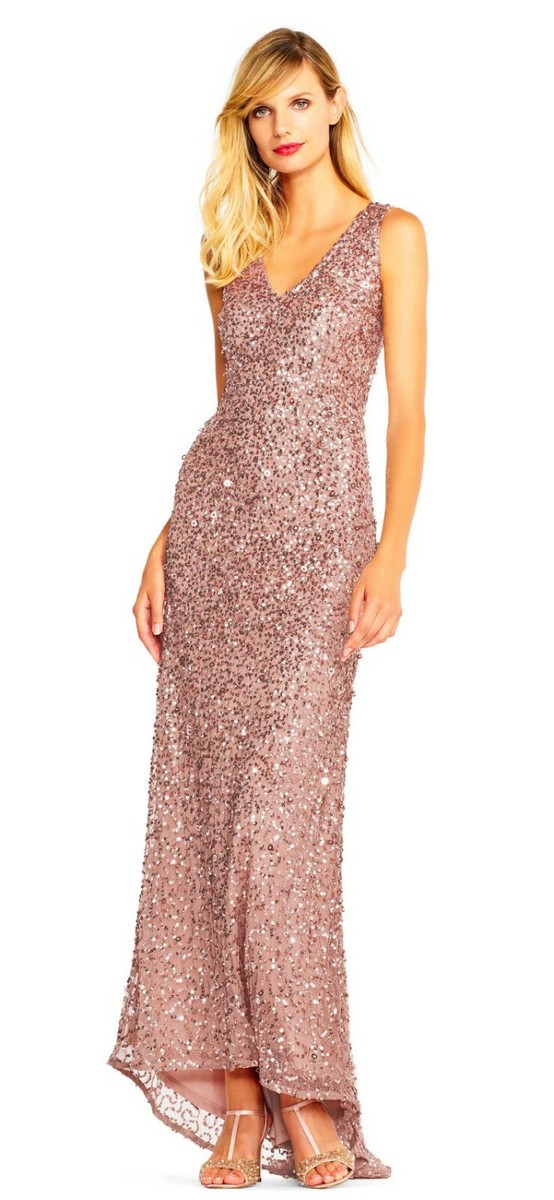 adrianna papell rose gold beaded dress Adrianna Papell Women's Bead Mesh Godet Long Dress