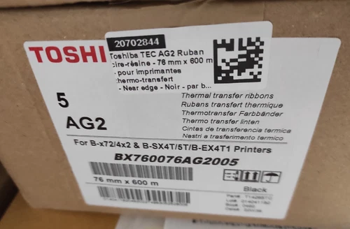 5 x Toshiba TEC AG2 Thermal Transfer Ribbon Black 600m x 76mm BX760076AG2005