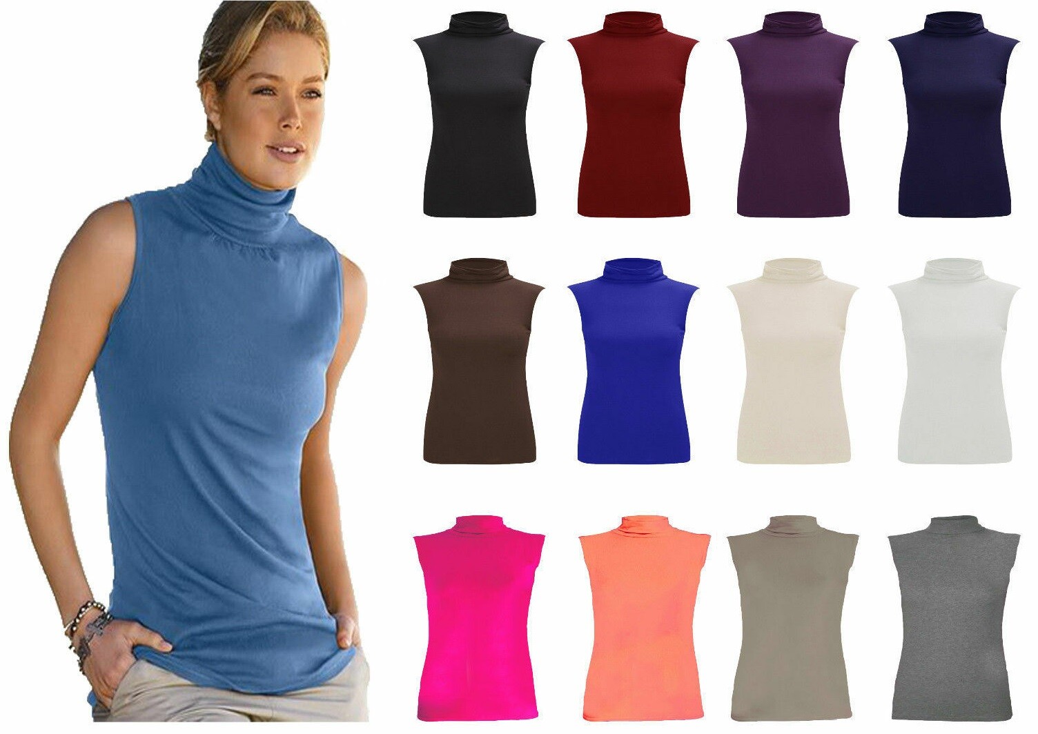 SLEEVELESS TURTLE NECK WOMEN'S TOP LADIES ROLL NECK POLO NECK JUMPER (8-26)  | eBay