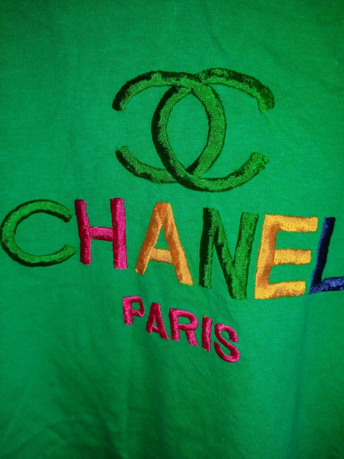 Vintage Chanel Paris Embroidery T Shirt Rainbow Green Luxury