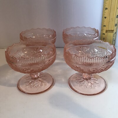 4 Vtg Tiara Pink Champagne / Sherbet Glass  -￼ Sandwich Glass - Scalloped Edge