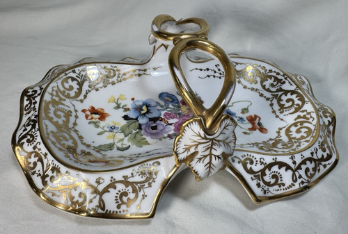 Handled & Divided 'Old Paris Porcelain Style' 9.5" Floral TRAY w/Gold Filigree - Picture 8 of 12