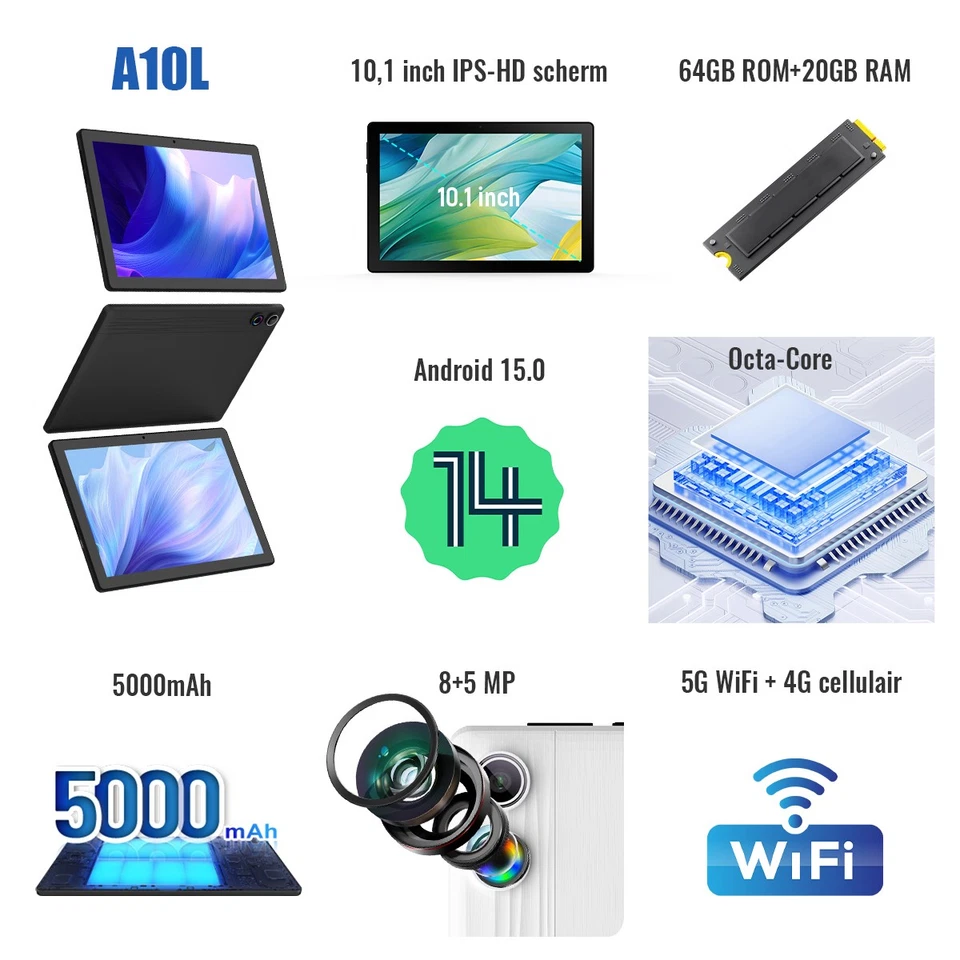 Tablet 10.1 Zoll Android 15 mit 20(3+17)GB RAM 64GB ROM Bluetooth 1080*800 WIFI - Bild 2 von 4