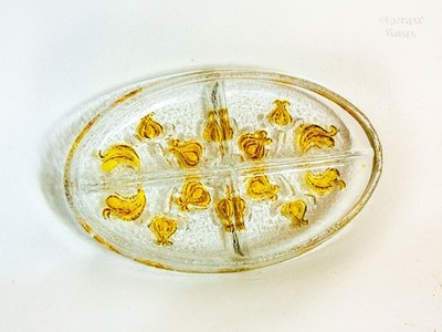 Glas Snackschale 70er Jahre WALTHER strukturiert mit deutsch gelb oval Party Servierplatte