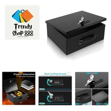 Elegant Black Portable Metal Safe Box - Fireproof & Dual Lock Security Charms