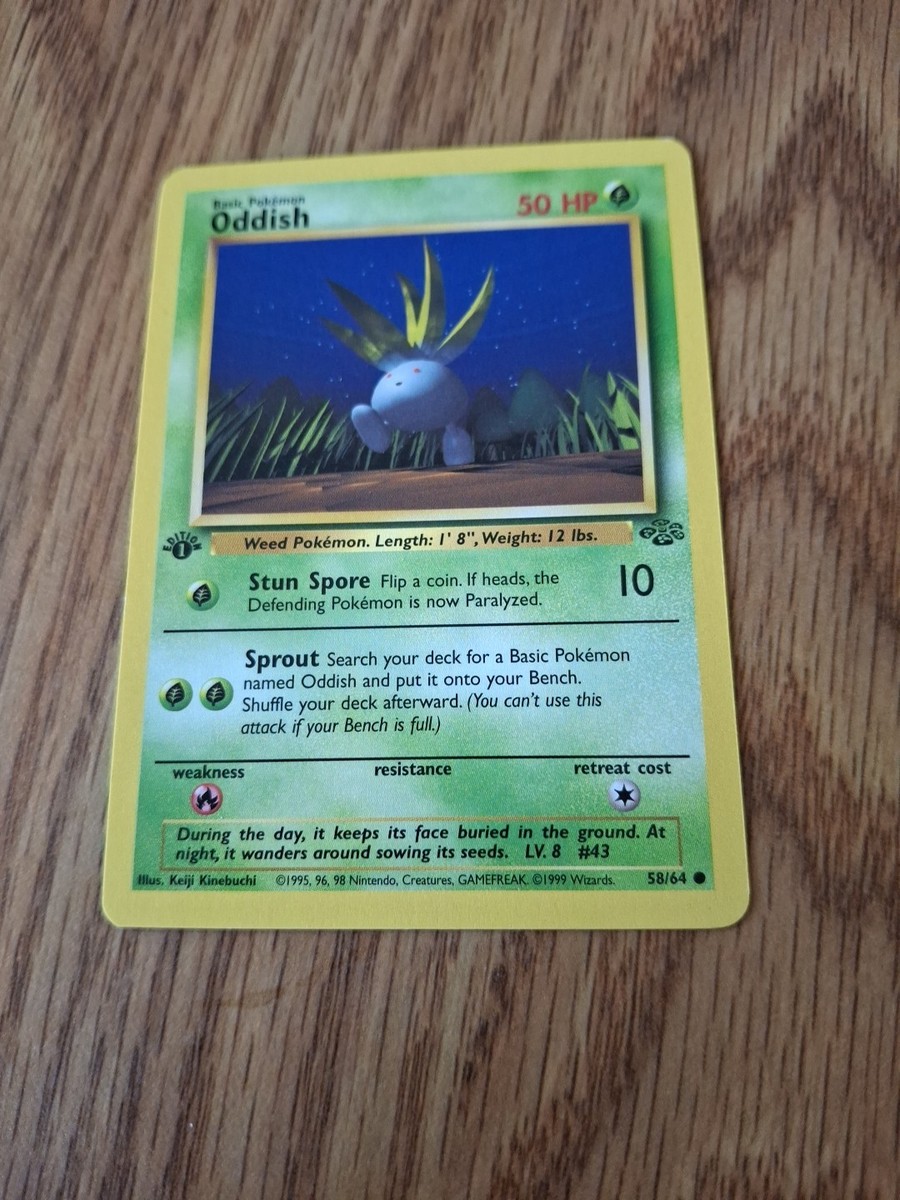 first edition oddish pokemon card 1999 Pokmon Oddish 1st Edition 58/64 GMA PSA 9 (Jungle)
