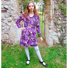 Vintage 1960s Psychedelic Hippie Mod Coat Buckled Belt Art Nouveau Groovy S-M