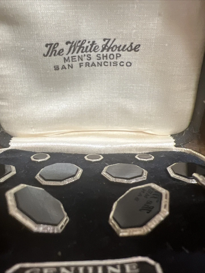 1930 Antiguo Krementz Art Deco Ónix Negro Juego de 9 Piezas ¡Caja Original!! Foto 4 de 4