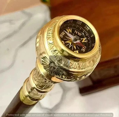 Antique Compass Brass Knob Head Handle Walking Stick Wooden Curved Cane Gift