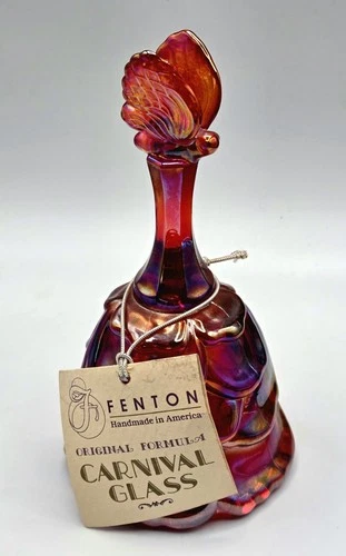 Vtg. Fenton 6" Red Carnival Glass Butterfly Draped Hand Bell w/Tag Cadmium Glow