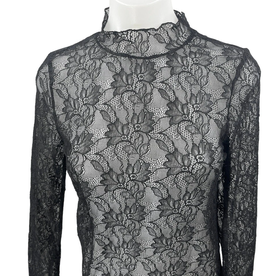 Blusa Top Anthropologie Negra Floral Encaje Manga Larga Transparente Ver A través Talla S Foto 3 de 4
