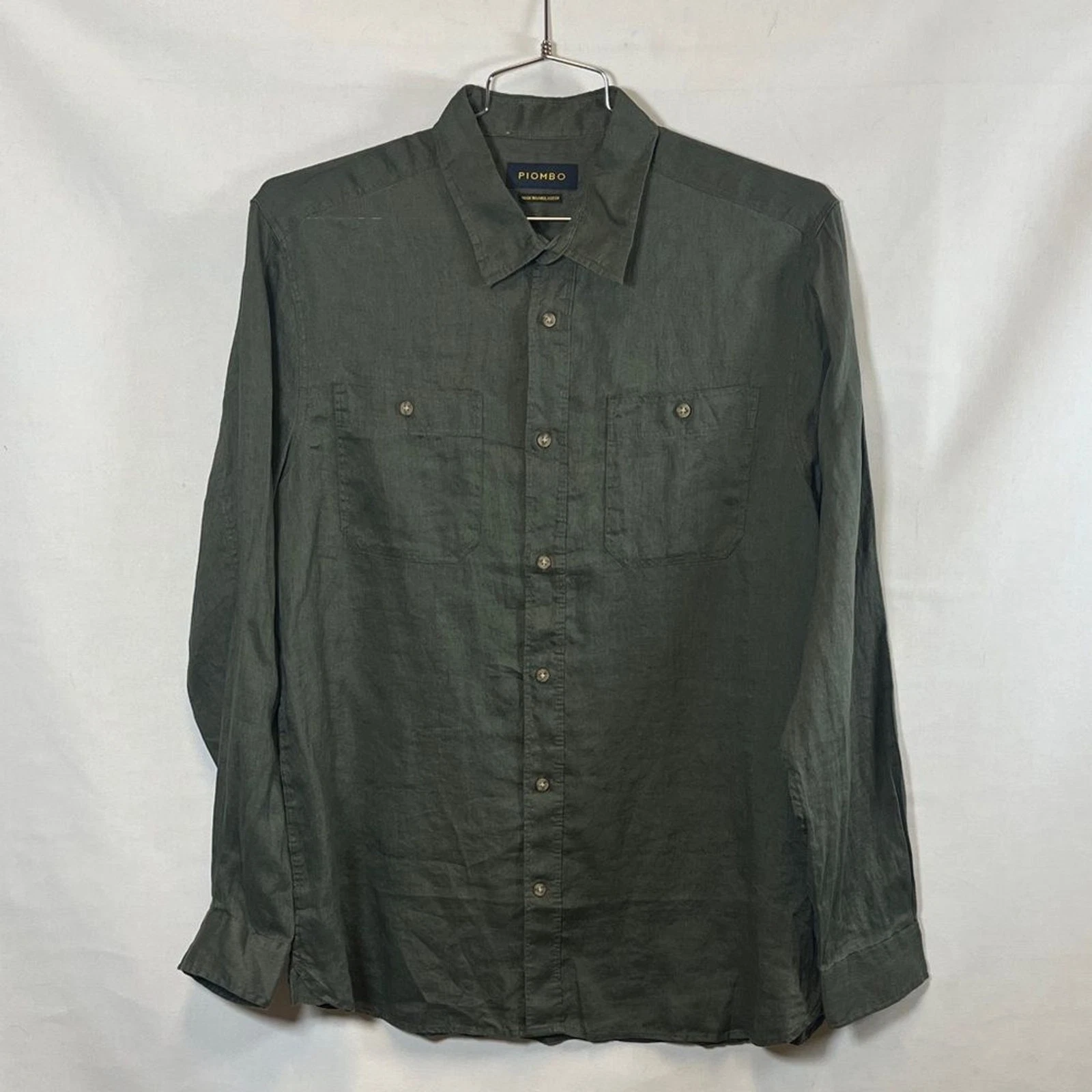 Piombo Men’s 100% Linen Dark Olive Green Long Sleeve Casual Button-Up Shirt