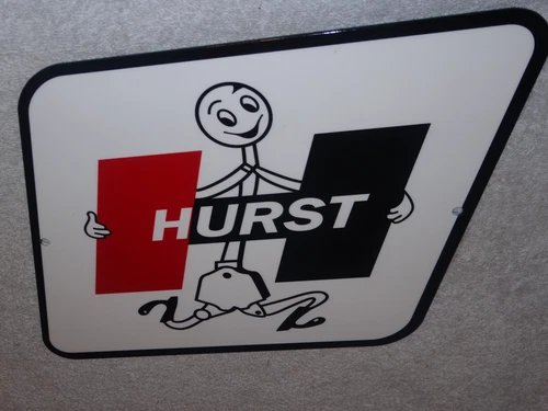 VINTAGE HURST SHIFTER 4 5 SPEED SHIFT AUTO RACING MASCOT METAL GASOLINE OIL SIGN