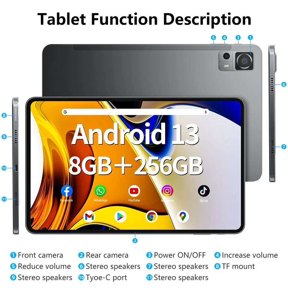 NUE SGIN 11,97" Tablet Android 13 8GB RAM 256GB ROM 8-Kern Google Dual Kamera - Bild 2 von 4