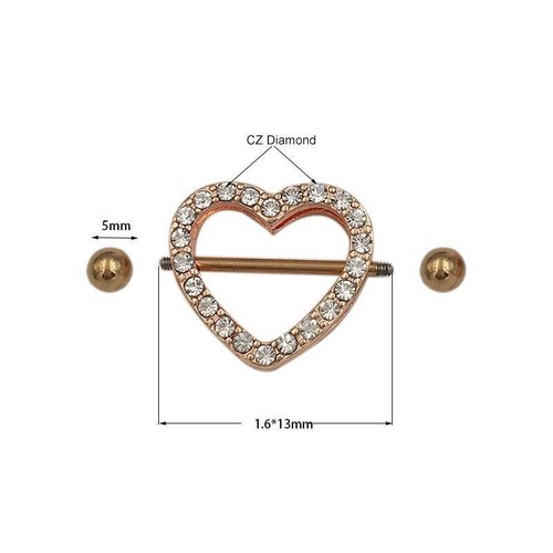 Pair of Rose Gold Heart Double Layer Rhinestone Sexy Piercing Nipple Bars Body - Picture 10 of 10