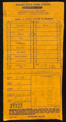 Alaska State Ferry System Stateroom Ticket Receipt Stub 1971 Bloomquist*