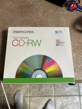 New Memorex High Speed CD-RW Discs. 5-Pack. 12x/700MB/80 Min. For Home and PC