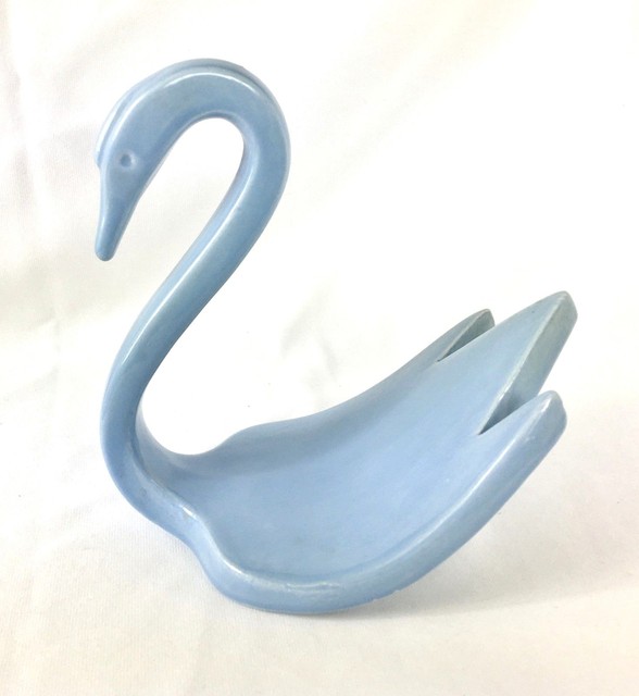 Vintage MidCentury Blue Pottery Swan Hand Towel Holder for Vanity/Bath