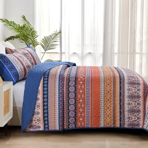 Boho Quilt Queen Size, Blue and Orange Bohemian Queen(96"x90") Blue Orange - Image 3 of 4