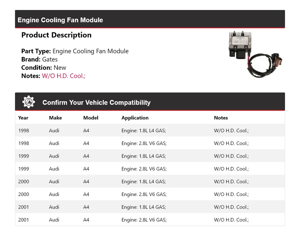 For 1998-2001 Audi A4 Engine Cooling Fan Module Gates 1999 2000 - Image 2 of 4