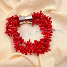 3 Strands Natural Red Coral Chip Gems Beads Bangle Bracelet 8'' Magnet Clasp
