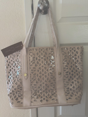 Carol Brodie Accessorize Your Life Perforated Patent Tote BONE & POUCH NEW w/TAG
