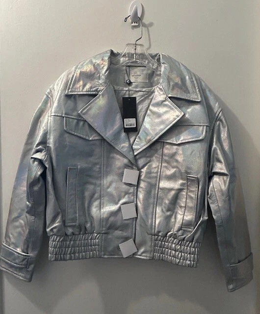 Chaqueta Bomber One Teaspoon REVENGE Plateada Cuero Metálico Forrada Elástica Nueva con Etiquetas Xs Foto 2 de 4