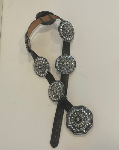 TONY LAMA Austin Glimmer Black Ostrich Rhinestone Concho Beaded Western Belt 32 - Picture 2 of 8
